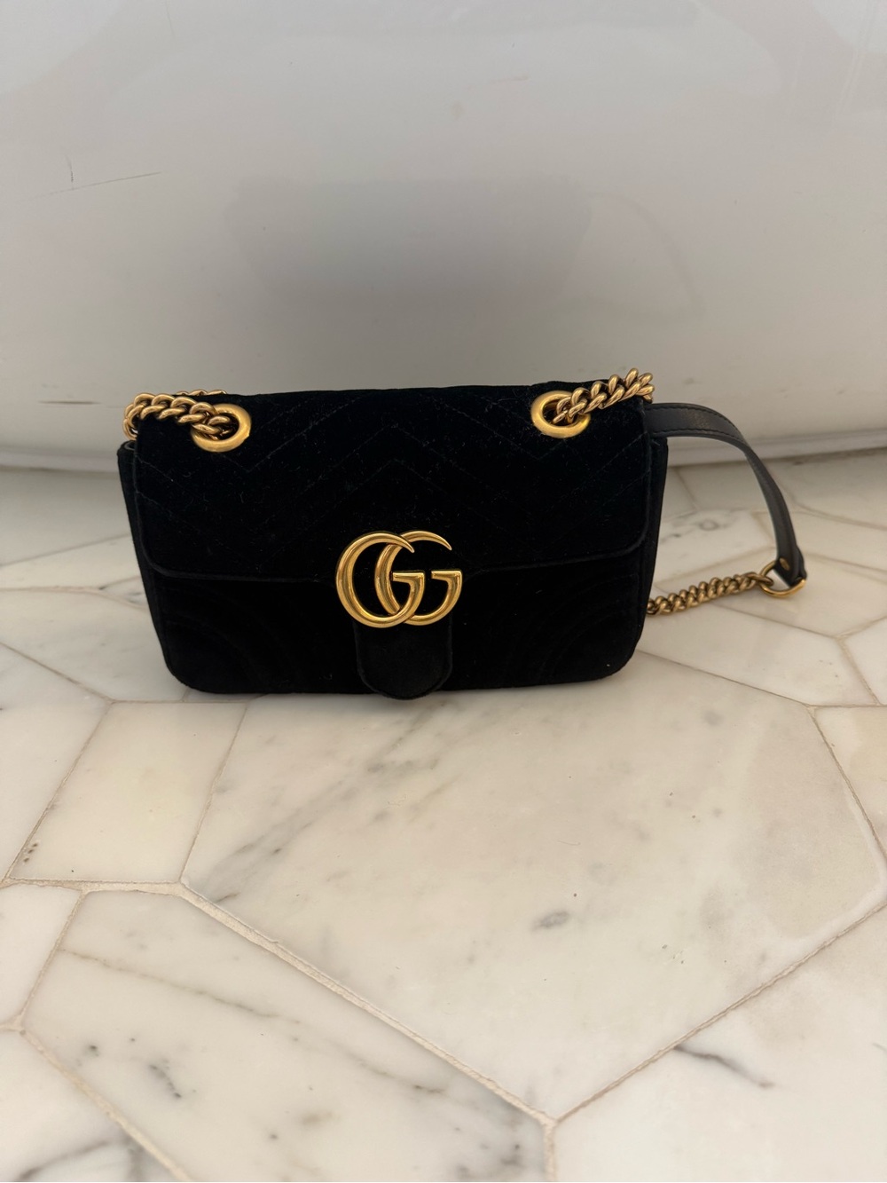 Gucci Black Velvet GG Marmont Shoulder Bag with Gold Hardware. 100% authentic
